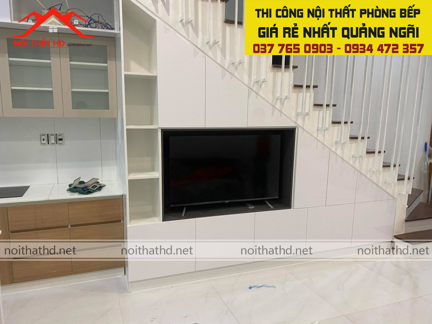 Thi công nội thất phòng bếp kết hợp kệ tivi đẹp giá rẻ tại Mộ Đức - Quảng Ngãi 2021
